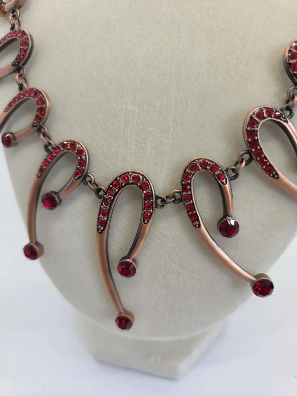 Red Crystal Crescent Drop Necklace and Earring Set, Copper Tone